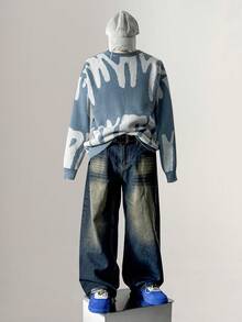 Manfinity Hypemode Men Graphic Pattern Sweater, Men's Graphic Sweater, Abstract Print Sweater, Men's Knit Sweater, Men's Long Sleeve Sweater, For Fall Winter - Baby Blue - View 3