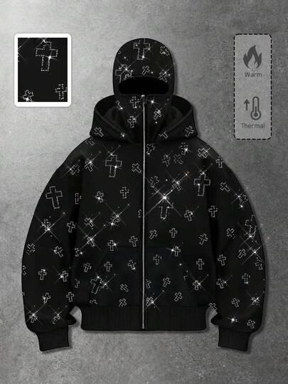 Street Life Fashionable Rhinestone Embellished Hooded Sweatshirt With Pockets, Zipper Frontsweatshirtn Hoodie For Men
