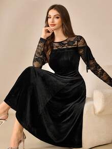 Modelyn Spitze Patchwork Samt elegantes Langarm Kleid, hochwertige formelle Robe für Frauen, Herbst/Winter