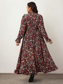 Enliva Große Größen Damen Herbst Ditsy Floral Langarm Kleid mit geraffter Taille, geeignet für Lehrerinnen - Schwarz - Übersicht 2