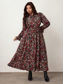 Enliva Große Größen Damen Herbst Ditsy Floral Langarm Kleid mit geraffter Taille, geeignet für Lehrerinnen - Schwarz - Übersicht 3