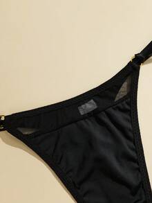 1pc Women's Solid Color Sexy Thin Waist Mesh Splice Thong Panty - Black - View 7