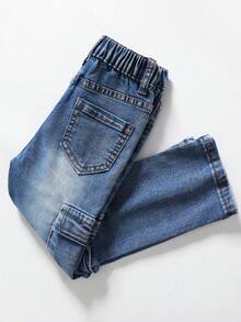 SHEIN Explorewe Young Boy Vintage Street Style Distressed Ripped Multi-Pocket Stretchy Fitted Denim Cargo Pants - Dark Wash - View 5