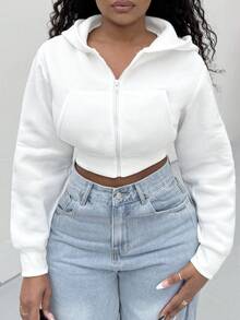 Alexandranx Women Solid Color Front Zipper Long Sleeve Pocket Minimalist Hooded Jacket, Casual Daily Wear,Long Sleeve Tops Graduation,Back To School Outfits,Graduation,Teacher Outfits For Women,Back To School In Fall/Winter - White - View 3