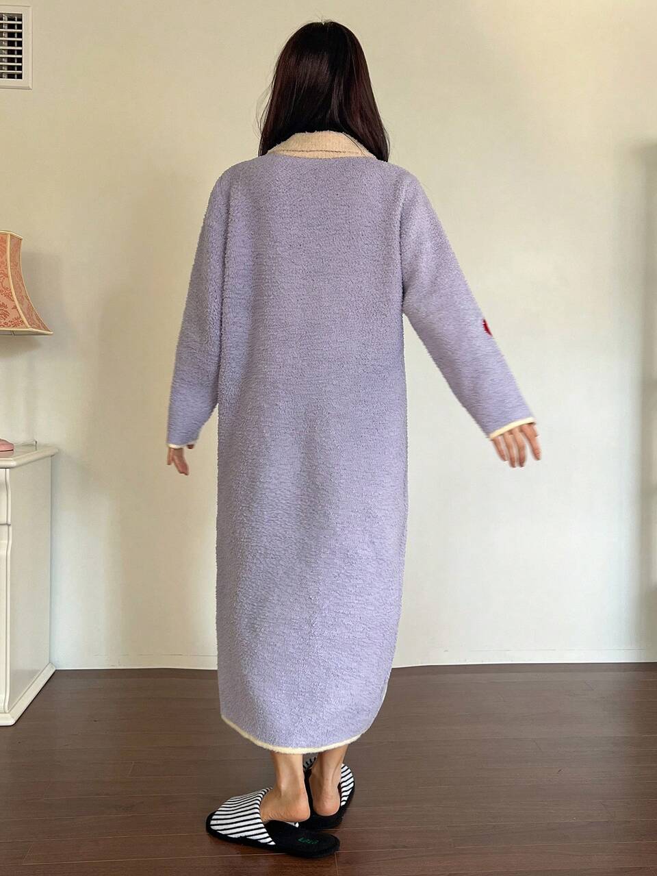 Cherry Pattern Contrast Color Lapel Loose Long Sleeve Knitted Nightgown, Women Autumn/Winter Sleepwear Dress, Moo Moo Night Dress