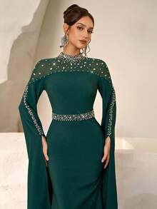 Coutiva 奢华晚礼服，立领长袖水钻装饰优雅礼服 - 墨綠色 - 查看 5