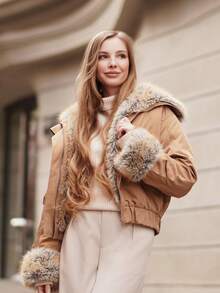 ORNATELLA Short Collar Faux Fur Trim Women Jacket Coat - Khaki - View 1