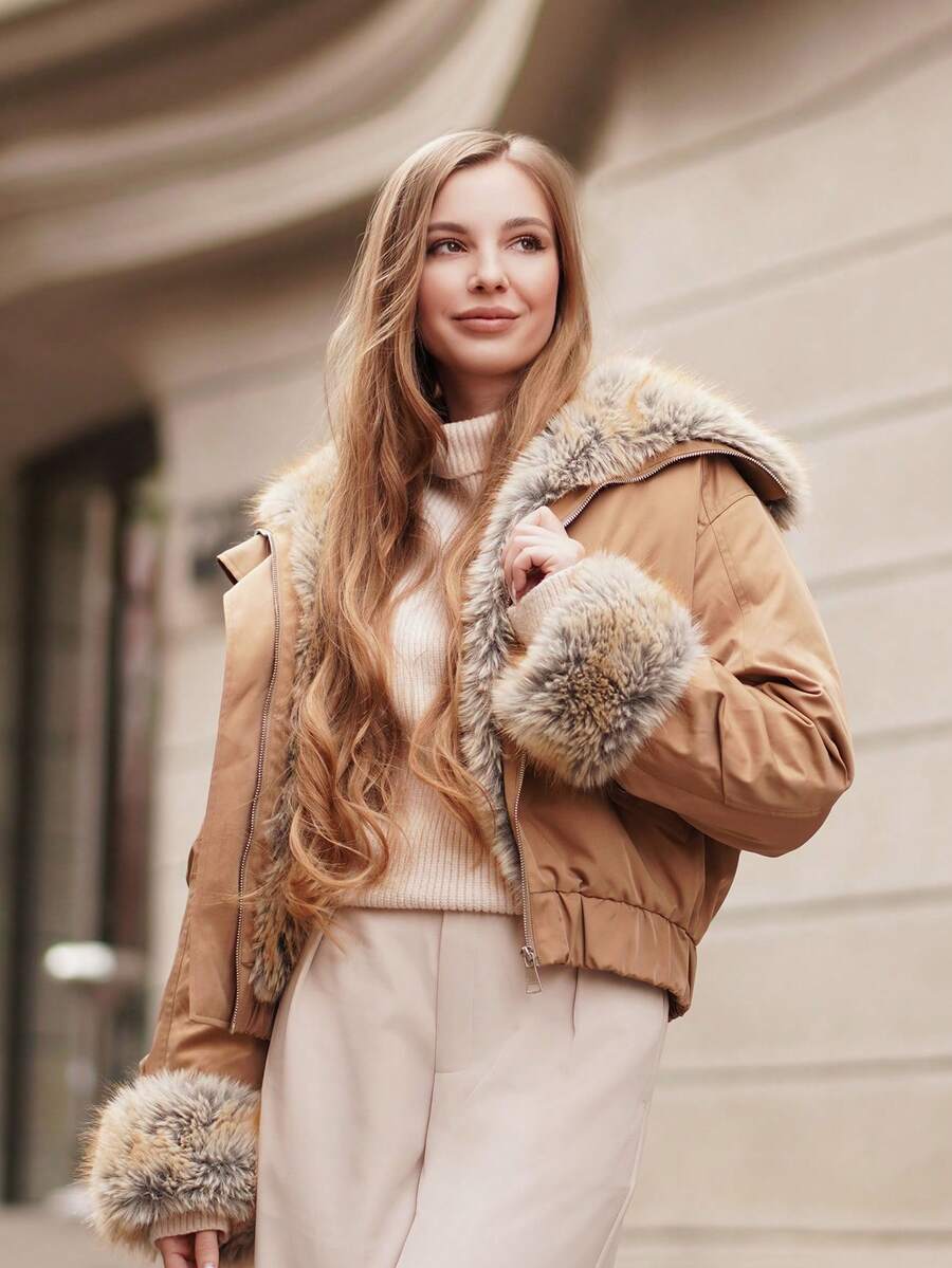 ORNATELLA Short Collar Faux Fur Trim Women Jacket Coat - Khaki - View 1