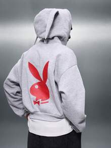 PLAYBOY X SUMWON Oversized Zip Up Hoodie With Iconic Bunny Logo Print Full Back Design Casual Streetwear Sweatshirt Winter Fall Fashion - Grey - View 5