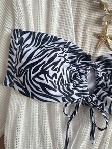 Swim Basics 女士性感斑马纹露背镂空系带比基尼泳衣套装，夏季海滩 - 黑與白 - 查看 3