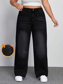SHEIN ICON 大码女式休闲水洗直筒保暖牛仔裤 - 黑色 - 查看 1