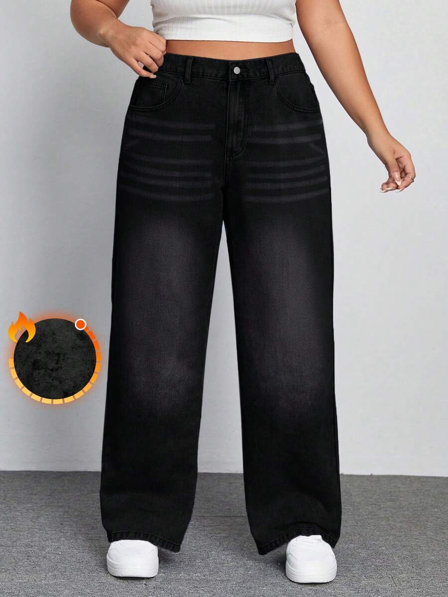 SHEIN ICON 大码女式休闲水洗直筒保暖牛仔裤 - 黑色 - 查看 1