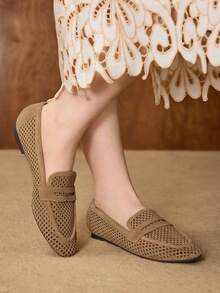 MOTF WOMEN'S CASUAL PERFORATED BREATHABLE COMFORTABLE SUEDE FLAT LOAFERS, SUITABLE FOR DAILY COMMUTE - Apricot - View 7
