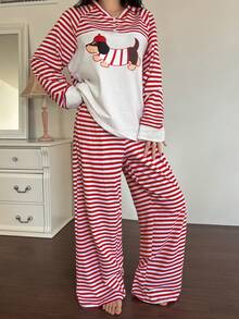 DAZY 2pcs Women Puppy Pattern Striped Loose Long Sleeve Pajama Set, Winter Clothes - Red and White - View 6