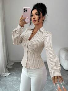 SHEIN Elenzya 女式设计衬衫，蓝色条纹衬衫，秋季 - 卡其色 - 查看 5