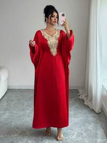 Rafferiza Women's Elegant Lace Trim Batwing Sleeve Party Dress Caftan Dress Kaftans For Women Arabic Dress Luxury Dress For Women Abayas Dubai Luxury - Red - View 1