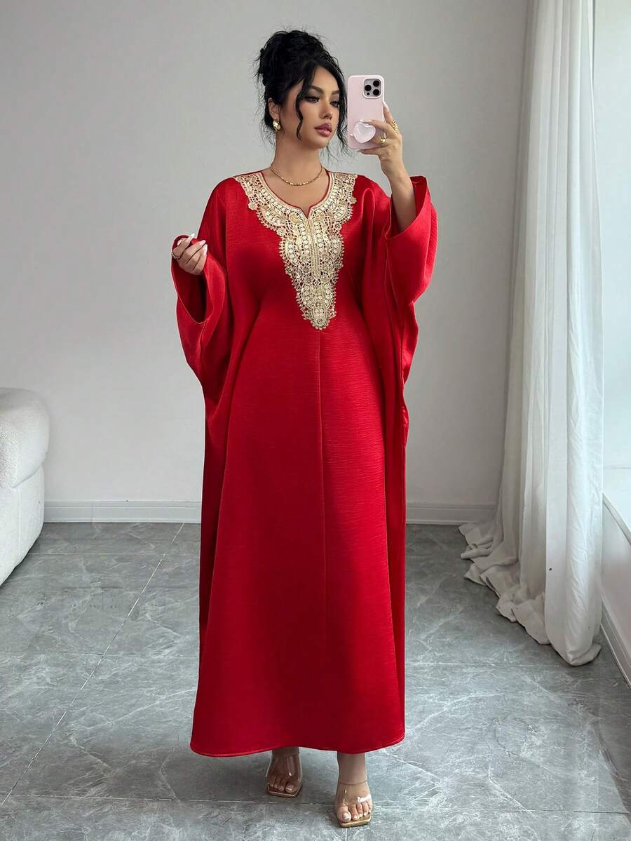 Rafferiza Women's Elegant Lace Trim Batwing Sleeve Party Dress Caftan Dress Kaftans For Women Arabic Dress Luxury Dress For Women Abayas Dubai Luxury - Red - View 1