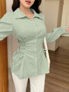 Modelyn Elegant Commuter Solid Color Cross-Tie Waist Fashionable Blouse - Green - View 3