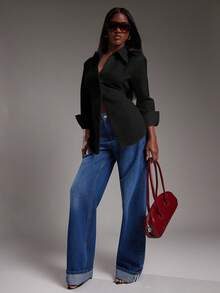 NYA SZN 长袖纽扣领宽松oversize日常休闲商务休闲基础款街头风办公室教师办公室低调秋冬衬衫，适合通勤 - 黑色 - 查看 3