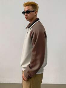 DAZY Men's Autumn/Winter Zip-Up Contrast Color Patchwork Pullover Pullover Sweatshirt Sweatshirt - Coffee Brown - View 4