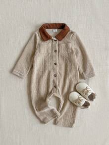 PrepCrw 1pc Baby Girls' Elegant Beige Ribbed Jumpsuit,Autumn Casual Matching Family Brown Collar Vintage Outfit,Versatile Cute Jumpsuit For Outings,Holiday - Khaki - View 1