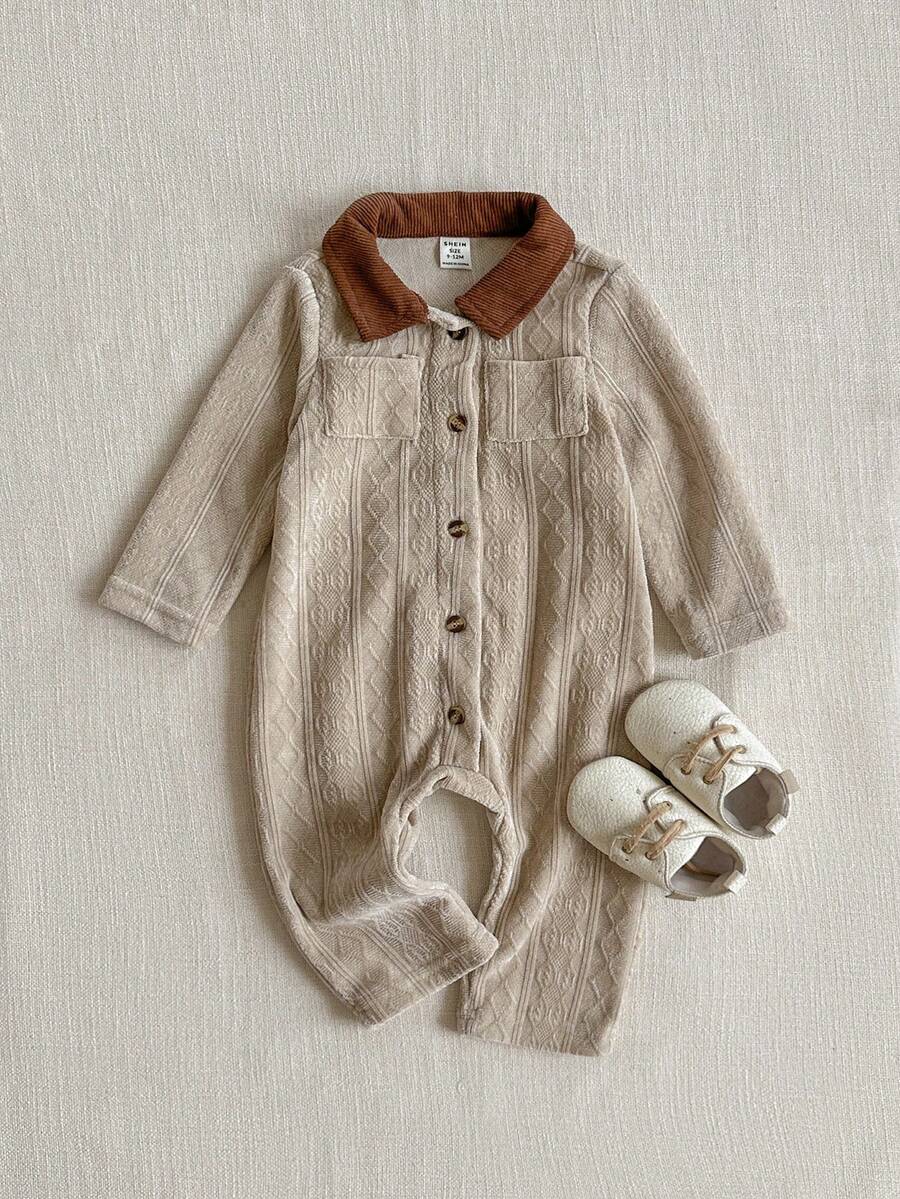 PrepCrw 1pc Baby Girls' Elegant Beige Ribbed Jumpsuit,Autumn Casual Matching Family Brown Collar Vintage Outfit,Versatile Cute Jumpsuit For Outings,Holiday - Khaki - View 1