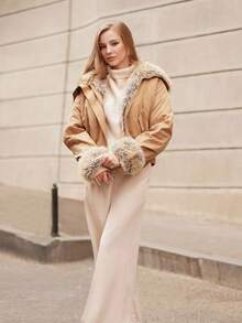 ORNATELLA Short Collar Faux Fur Trim Women Jacket Coat - Khaki - View 4