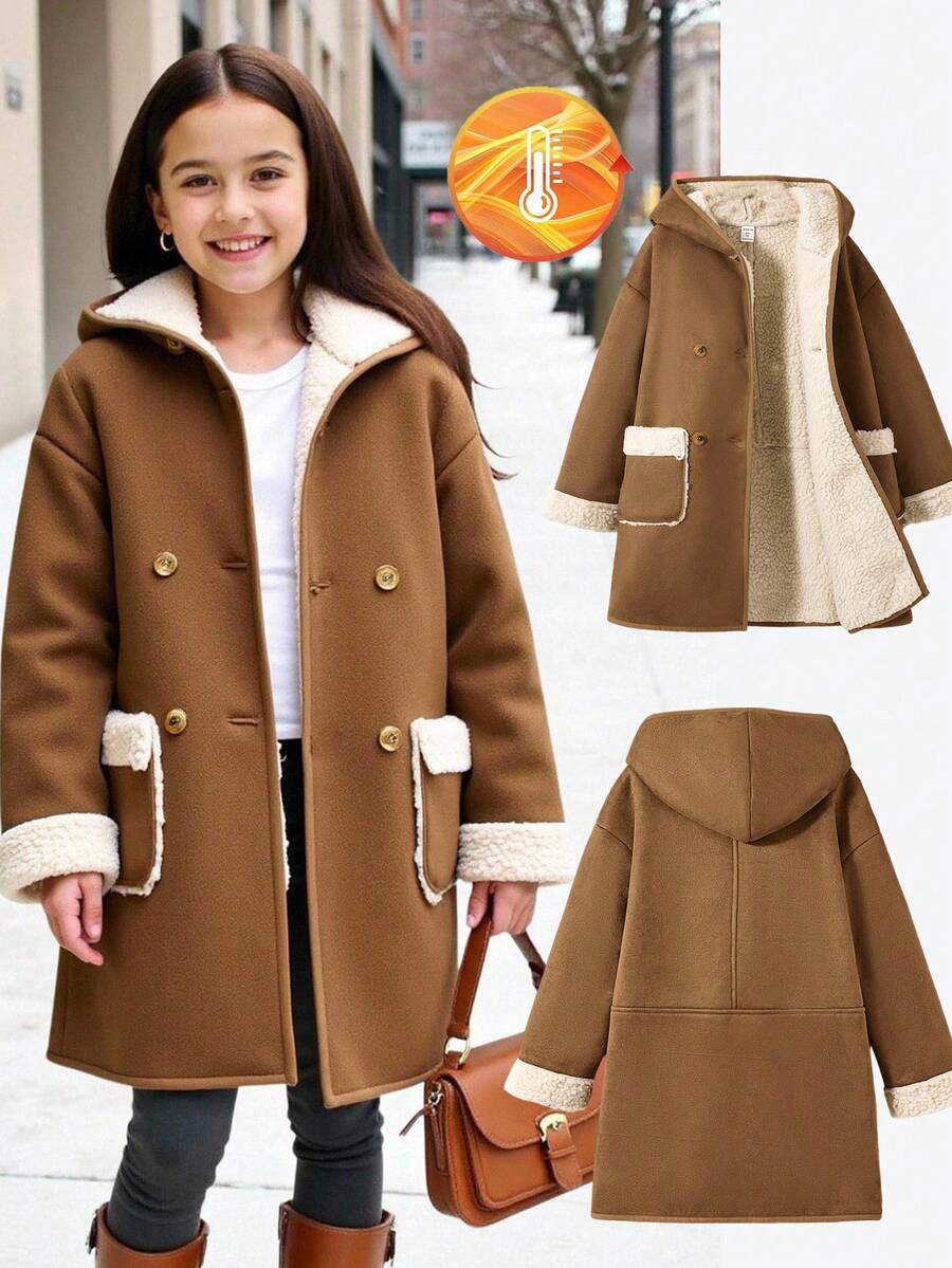 SHEIN 少女纯色短款加绒双口袋保暖中长连帽休闲外套,秋冬外套,少女抓绒外套,彼得潘风格 - 棕色 - 查看 1