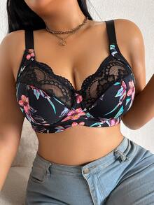 SHEIN 1pc Plus Size Lace Patchwork Wireless Bra - Multicolor - View 11