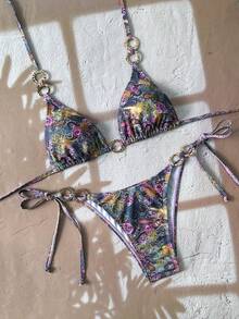 Swim Vcay Bộ bikini gợi cảm buộc dây phía trước dành cho nữ, họa tiết hoa hạt điều, đi biển mùa hè - Nhiều màu - Xem 2