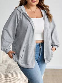SHEIN CURVE+ 大码拉链插肩袖抽绳卫衣，秋季上衣，秋季女装/冬季 - 淺灰色 - 查看 5