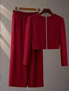 GlowEve CURVE 大码女式珍珠装饰长袖上衣和阔腿裤优雅休闲通勤两件套 - 酒紅色 - 查看 2