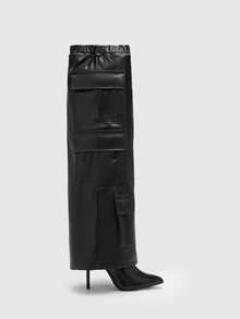 Women's Fashionable Boots With Pocket Decoration, Black Avant-garde Design - Black - View 2