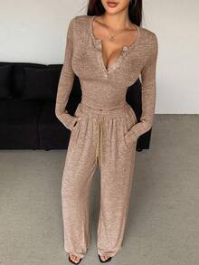 DAZY 2pcs Women's Solid Color Half-Zip Jacket And Pants Set,Fall Clothes Tracksuits Women Set Lounge Sets For Women - Chocolate Brown - View 6