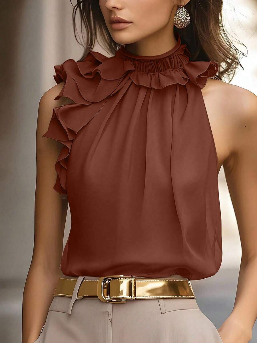 SHEIN PETITE Sleeveless Ruched Pleated Blouse, Intellectual Elegant Solid Color Women Shirt - Coffee Brown - View 1