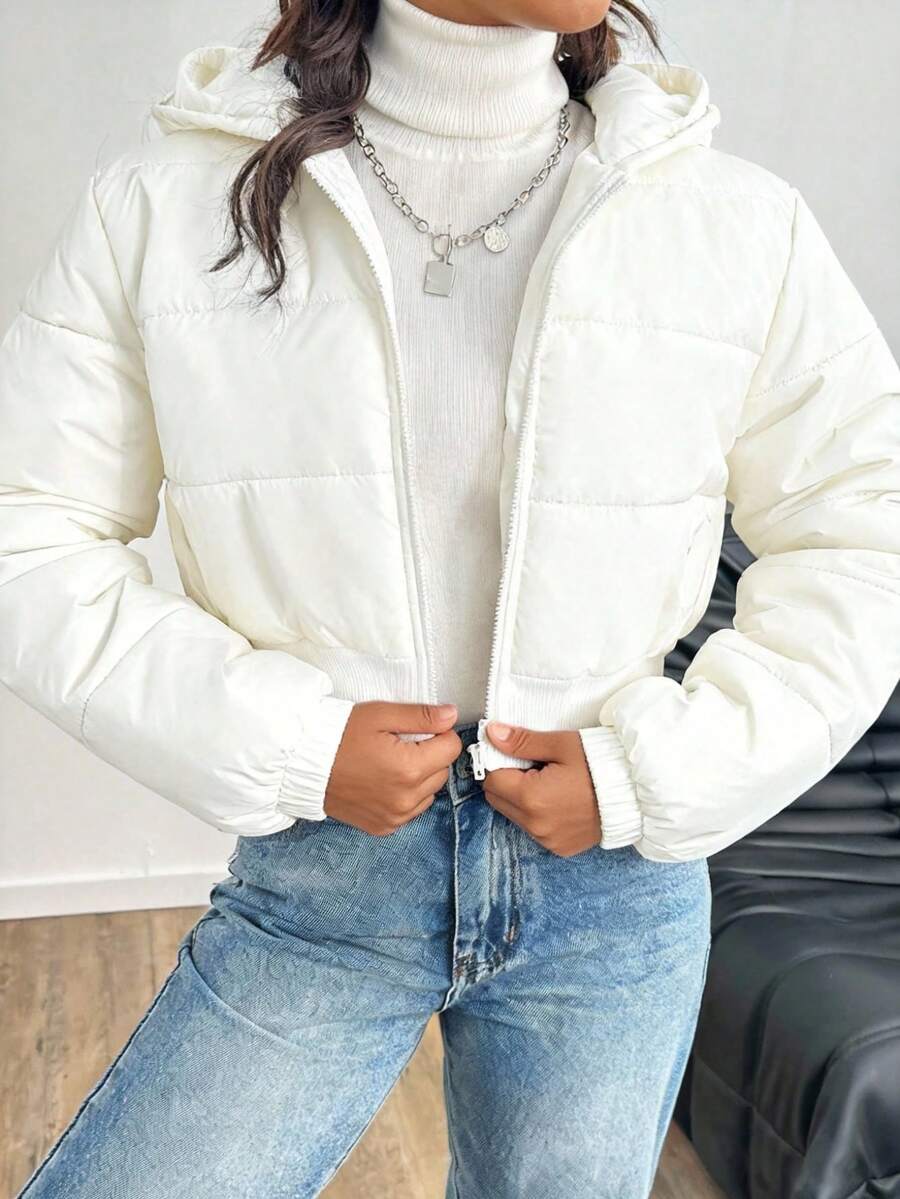 SHEIN 青少年女孩绗缝短款连帽休闲街头厚夹克夹棉外套,秋冬 - 白色 - 查看 1