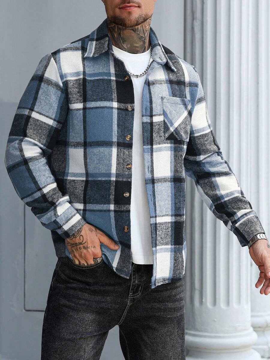 Manfinity Homme Plaid Front Button Casual Everyday Long Sleeve Shacket - Blue - View 1