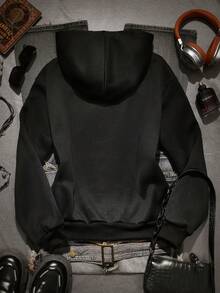 Jeanoix 女士字母和翅膀印花长袖拉链休闲卫衣 - 黑色 - 查看 2