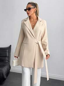 EURMUSE Elegant Commuter Office Solid Color Tie-Wrap Blazer Beige Summer - Beige - View 4