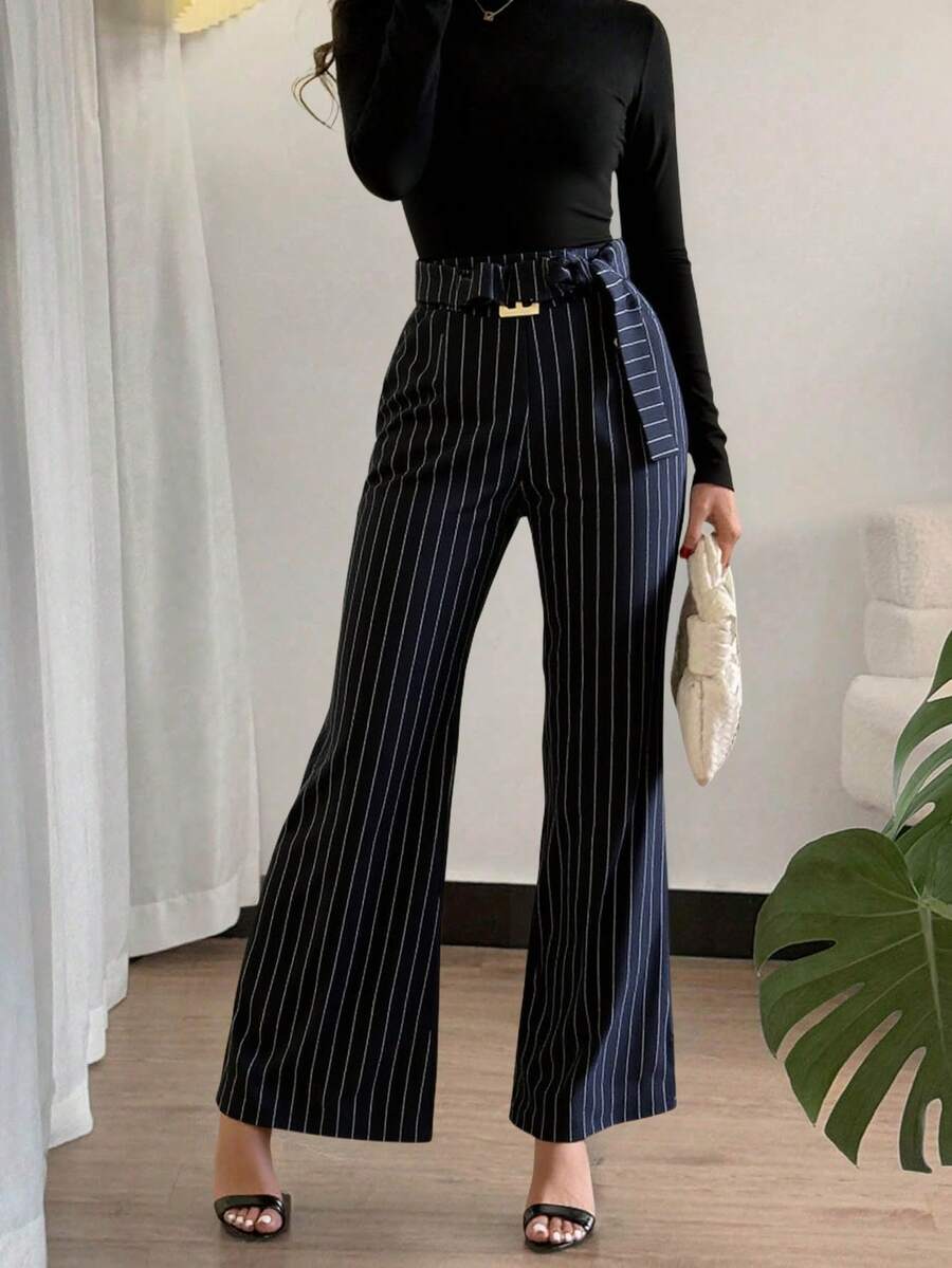 Women's Striped Print Twist Elegant Flare Leg Pants - Navy Blue - View 1