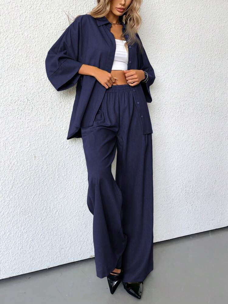 Aveloria Modichic 2pcs/Set Women Blended Side Slit Loose Shirt And High Waist Wide Leg Pants Elegant Business Casual Women  - Navy Blue - View 2