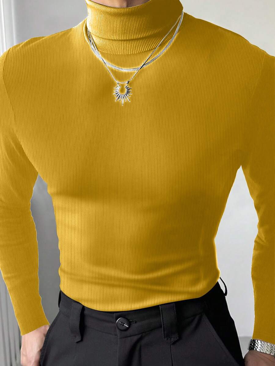 Manfinity Dauomo Men's Casual Solid Color Ribbed Turtleneck Slim Fit Long Sleeve T-Shirt, Autumn - Yellow - View 1