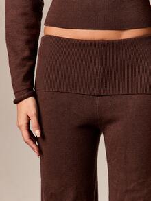 AiiRZ Ensemble coordonné deux pièces, pull côtelé à épaules dénudées et pantalon palazzo à jambes larges, tenue de détente pour l'automne et l'hiver - Tabac - Voir 4