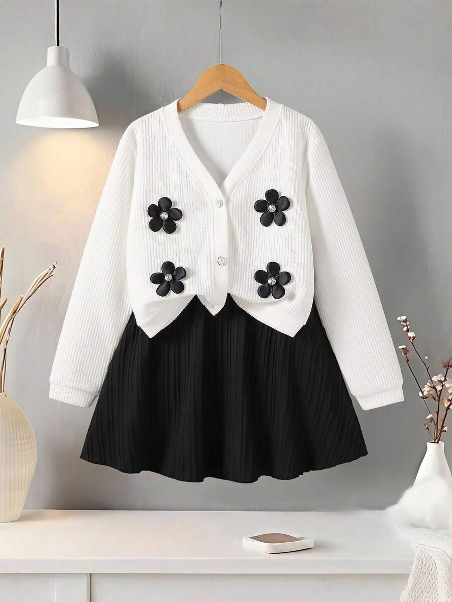 SHEIN 少女3D立体花卉装饰长袖上衣和裙子套装 - 彩色 - 查看 1