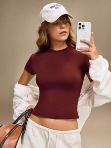 Hanevo 1pc Women Casual Basic Solid Color Short Sleeve Slim Fit T-Shirt, Summer - Multicolor - View 4