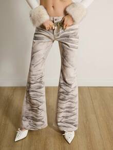 Shutterstock Y2Kool Jeans acampanados con efecto arrugado y estampado en color blanco lavado, estilo Y2K casual, adecuados para fiestas, reuniones y uso diario en otoño/invierno. Perneras acampanadas estilo años 2000 para mujeres. - Blanco - Ver 2