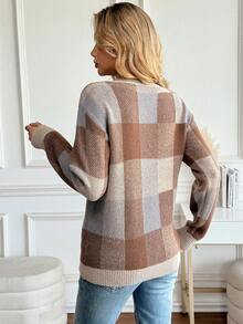 EMERY ROSE Áo len dài tay cổ tròn trễ vai họa tiết kẻ caro thường ngày cho nữ, Thu/Đông - Màu Khaki - Xem 2