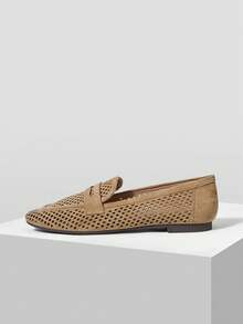 MOTF WOMEN'S CASUAL PERFORATED BREATHABLE COMFORTABLE SUEDE FLAT LOAFERS, SUITABLE FOR DAILY COMMUTE - Apricot - View 4