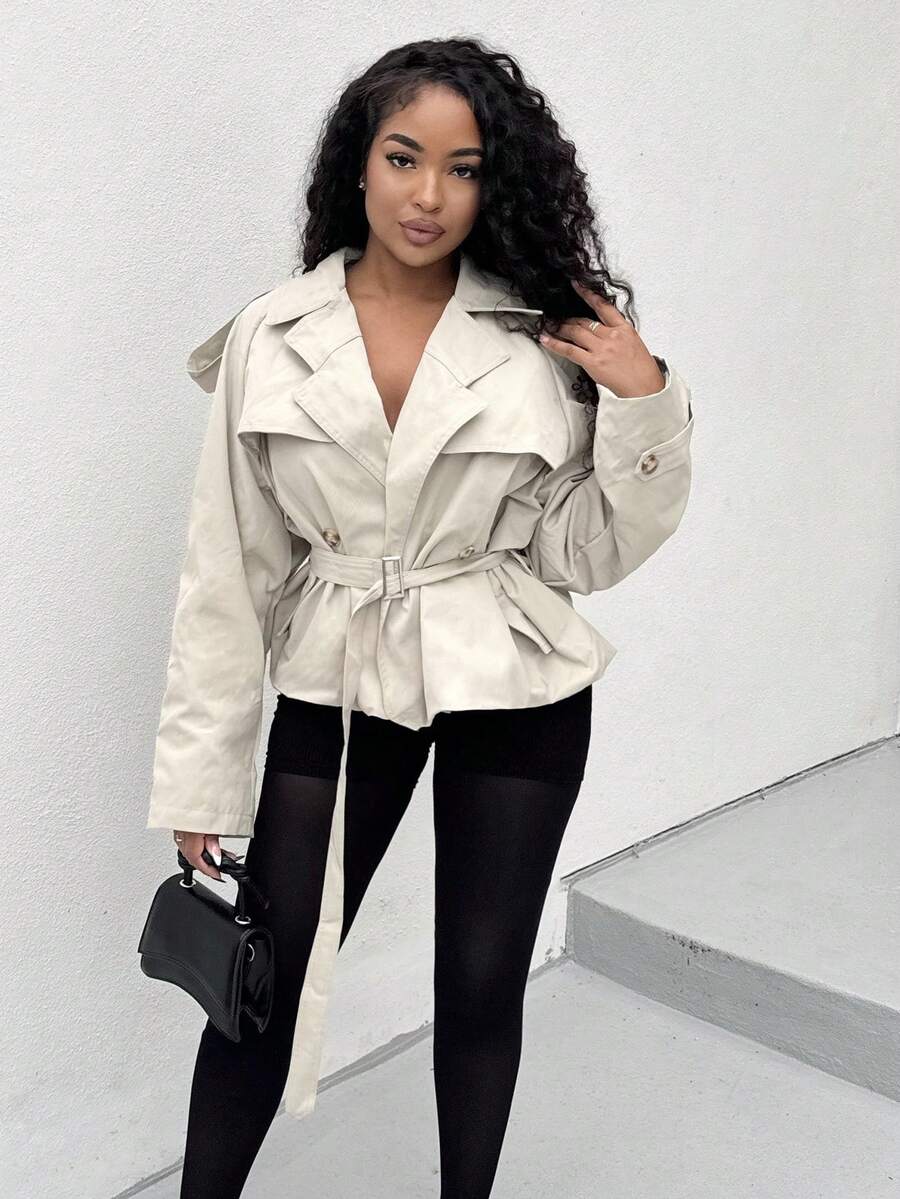 Alexandranx Áo khoác trench coat ngắn thắt lưng khóa cài cỡ lớn cho kỳ nghỉ hè, sân bay, mùa thu, dạo phố, mùa đông, trở lại trường, công sở hàng ngày - Màu be - Xem 1