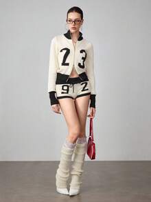 ROMWE Avant 2pcs Y2K Sporty Retro Numeral Cardigan & Shorts Set For Women - Apricot - View 3
